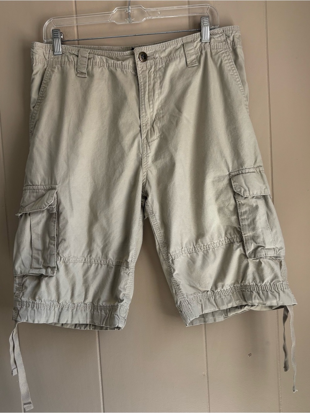 Men’s Khaki Cargo Shorts Size 32 Beige 100% Cotton Drawstring Hem Gorpcore
